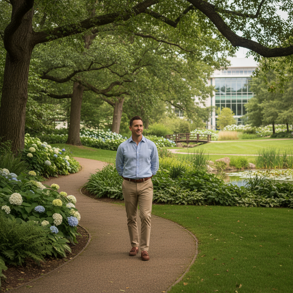 Pria dewasa berjalan santai di taman hijau yang tenang, mencerminkan keseimbangan hidup